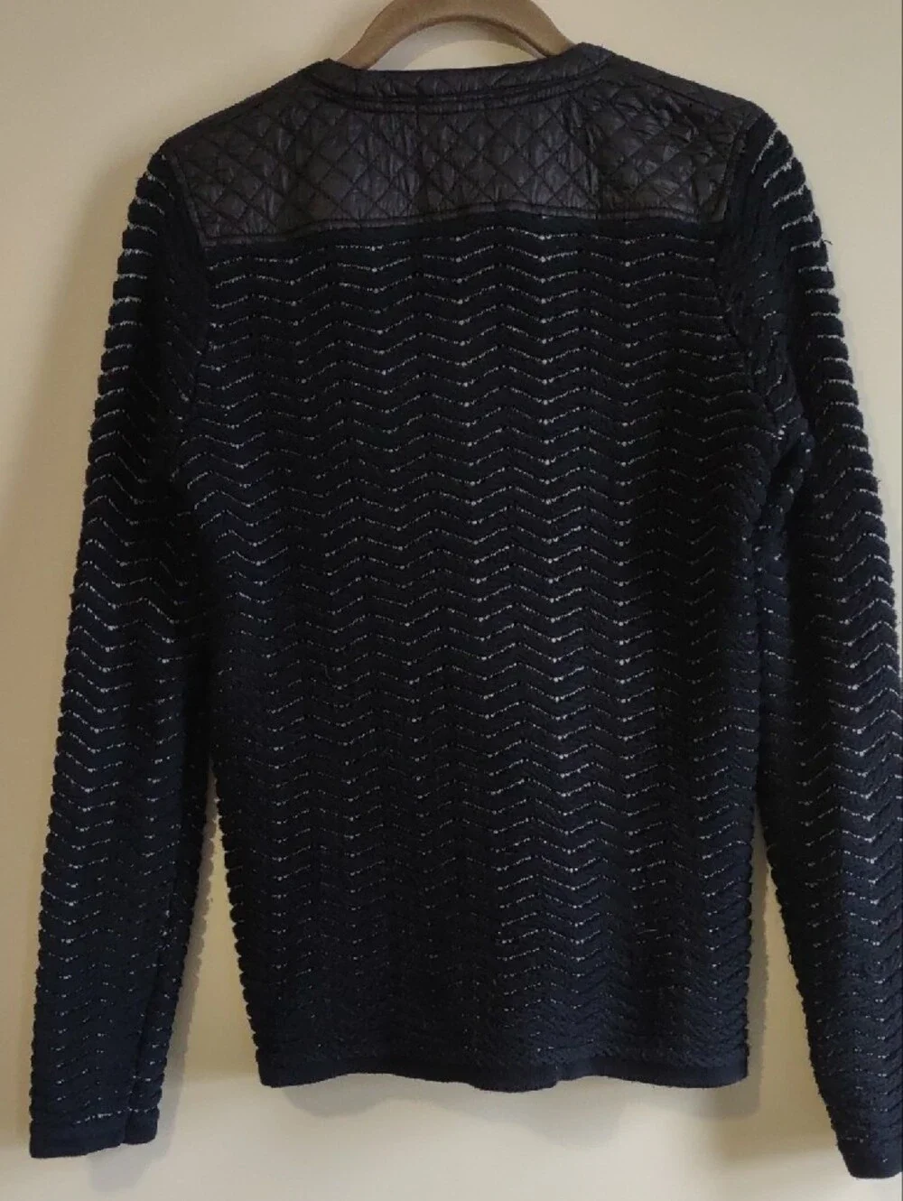 CECIL Black Quilted Trim Knit Zip Front Faux Leather Cardigan. Size Small